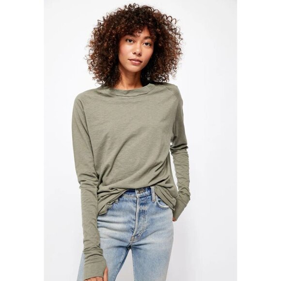 WE THE FREE Arden Tee Sz XS Sage Green Raglan Sleeve Oversized Slub Knit Cotton - Picture 7 of 12
